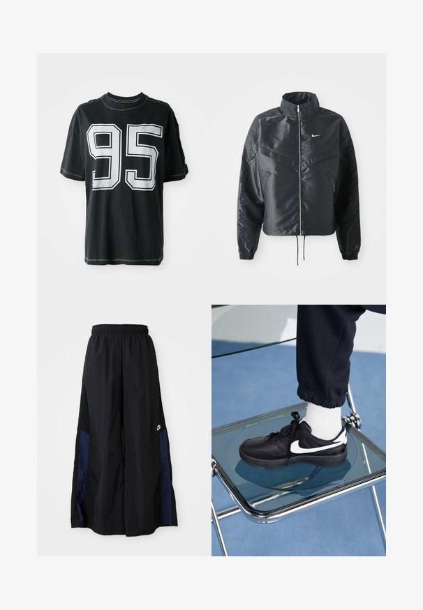 Czarna krótka kurtka z wysokim kołnierzem, zamek błyskawiczny, ściągacze z elastanu i białe logo Nike. Gładki, błyszczący materiał o lekko teksturowanej powierzchni.; Czarny bawełniany t-shirt z krótkim rękawem, z białym nadrukowanym numerem "95" z przodu i kontrastującymi szwami wzdłuż krawędzi.; Czarne spodnie szerokie wykonane z lekkiego materiału, z granatowym bocznym panelem i elastycznym paskiem w talii. Małe białe logo na dole.; Czarne sneakersy Nike z białymi akcentami, charakteryzujące się gładką skórzaną teksturą, zawiązywaną konstrukcją i zaokrąglonym noskiem, umieszczone na szklanym krześle.