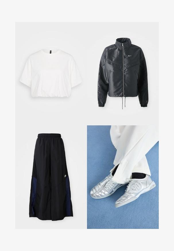 Casaco preto curto com colarinho alto, fecho de zip, punhos em elastano e um logótipo Nike branco. Tecido suave e brilhante com uma superfície ligeiramente texturizada.; T-shirt branca cropped feita de algodão macio. Possui um decote redondo, mangas curtas e uma bainha franzida para um ajuste descontraído.; Calças largas pretas feitas de tecido leve, com um painel lateral azul-marinho e cintura elástica. Pequeno logótipo branco na parte inferior.; Tênis atléticos prateados com um acabamento liso e brilhante, apresentando um design costurado e o número 90 na lateral, combinados com calças brancas.