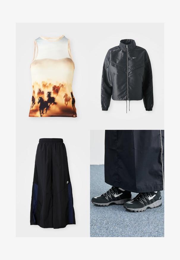 Black cropped jacket with high collar, zip closure, elastane cuffs, and a white Nike logo. Smooth, shiny fabric with a slightly textured surface.; Sleeveless tank top featuring a print of running horses in brown and cream tones, made from smooth fabric with a rounded neckline and fitted design.; Black wide-leg pants made of lightweight fabric, featuring a navy blue side panel and an elastic waistband. Small white logo on bottom.; Black athletic shoes with a textured upper, silver accents, and a patterned outsole, paired with a black long garment. Set against blue carpet.