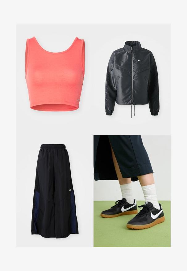 Čierna skrátená bunda s vysokým golierom, zipsovým uzatváraním, elastickými manžetami a bielym logom Nike. Hladká, lesklá tkanina s mierne textúrovaným povrchom.; Ružový krátený tielko vyrobené z textúrovaného materiálu. Má výstrih do lode a široké otvory na paže, s malým logom na leme.; Čierne voľné nohavice vyrobené z ľahkého materiálu, s námorníckym modrým postranným panelom a elastickým pásom. Malé biele logo na spodnej časti.; Čierne kožené a syntetické tenisky so bielym logom Nike, gumenou podrážkou, okrúhlou špičkou a čiernymi šnúrkami. Viditeľné biele pruhované ponožky.