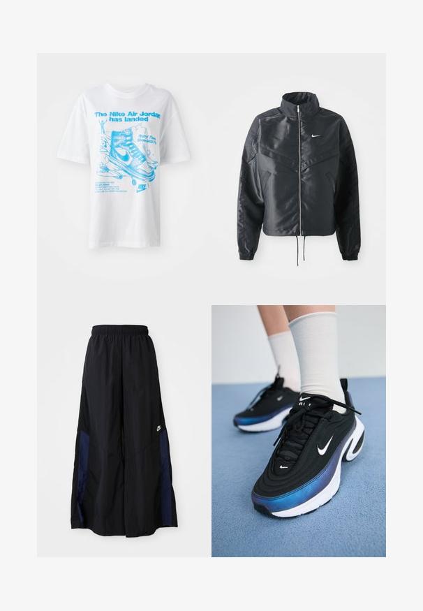 Zwarte cropped jack met hoge kraag, ritsluiting, elastische manchetten en een wit Nike-logo. Glad, glanzend materiaal met een licht gestructureerd oppervlak.; Witte katoenen T-shirt met blauwe grafische tekst en illustraties van Air Jordan-schoenen en een figuur. Korte mouwen en een relaxte pasvorm.; Zwarte wijdlopende broek van lichtgewicht stof, met een marineblauwe zijpaneel en een elastische tailleband. Klein wit logo onderaan.; Zwarte Nike sneakers met een glad bovenwerk van stof, voorzien van een verloop van blauw naar zwart, witte zool en opvallende logo-accenten.