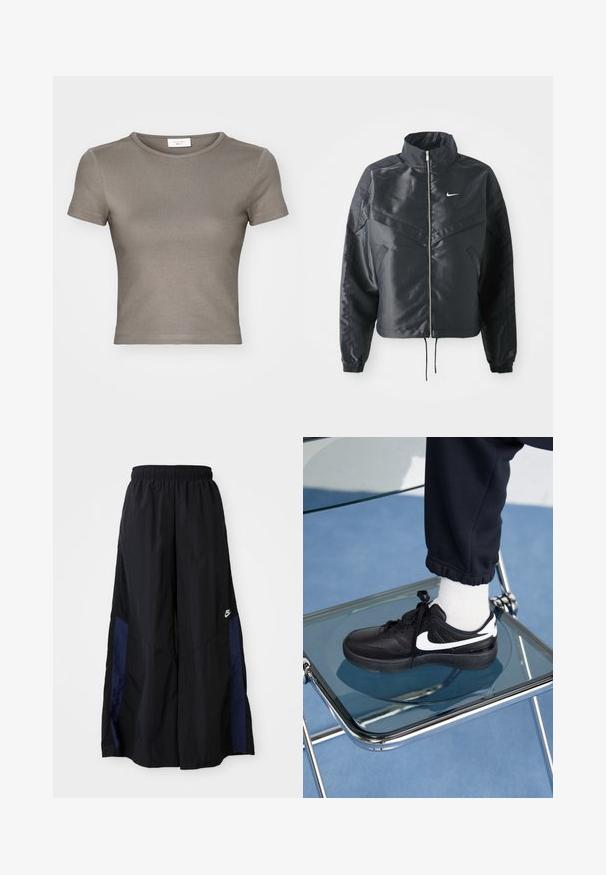 Mustat lyhyet takit, joissa on korkea kaulus, vetoketjukiinnitys, elastaanista valmistetut hihan suut ja valkoinen Nike-logo. Sileä, kiiltävä kangas, jossa on hieman tekstuuria.; Lyhythihainen, pyöreäkaulainen t-paita taupe-värissä, valmistettu sileästä puuvillasta. Sijoittuu istuvaksi ja siinä on hienot saumat helman ja hihansuiden ympärillä.; Musta leveälahkeinen housu, joka on valmistettu kevyestä kankaasta. Housuissa on tummansininen sivupaneeli ja joustava vyötärö. Alhaalla on pieni valkoinen logo.; Mustat Nike-tennarit valkoisilla yksityiskohdilla, joissa on sileä nahkapinta, nauhakiinnitys ja pyöreä varvas, aseteltuna lasituolille.