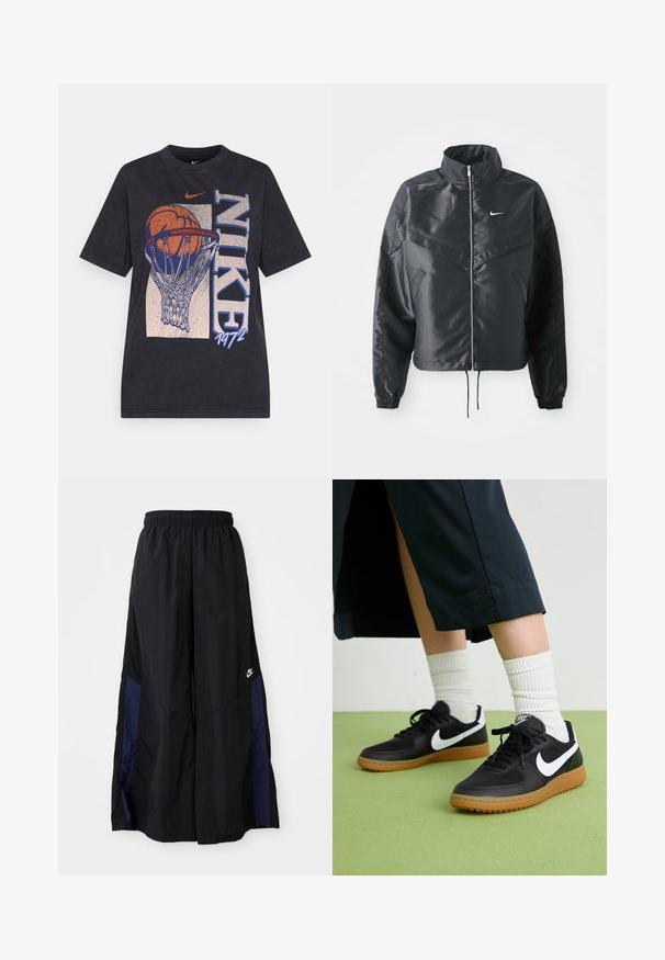 Chaqueta negra corta con cuello alto, cierre de cremallera, puños de elastano y un logo de Nike en blanco. Tejido suave y brillante con una superficie ligeramente texturizada.; Camiseta de algodón negra con un gráfico de un balón de baloncesto en una canasta, con el texto "NIKE" y "1972". Diseño de mangas cortas y cuello redondo.; Pantalones de pierna ancha negros, confeccionados en una tela ligera, con un panel lateral azul marino y una cinturilla elástica. Logotipo blanco pequeño en la parte inferior.; Zapatillas de cuero negro y sintético con el swoosh blanco de Nike, suela de goma, punta redonda y cordones negros. Calcetines blancos acanalados visibles.