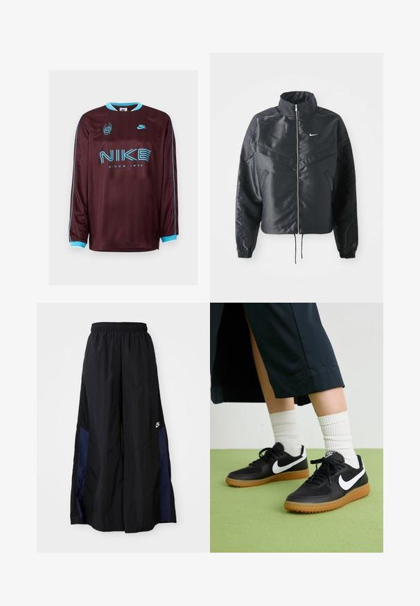 Svart cropped jakke med høy krage, glidelåsåpning, elastiske mansjetter og en hvit Nike-logo. Glatt, shiny stoff med en lett teksturert overflate.; Burgunderfarget langermet Nike-trøye med turkise accenter, logo og teksten "SINCE 1972" i fet skrift. Glatt, atletisk tekstur.; Svarte vide bukser laget av lett stoff, med et marineblått sidestykke og elastisk midjebånd. Liten hvit logo nederst.; Sorte lær- og syntetiske joggesko med hvit Nike swoosh, gummisåle, rund tå og sorte lisser. Ribbet hvite sokker synlige.