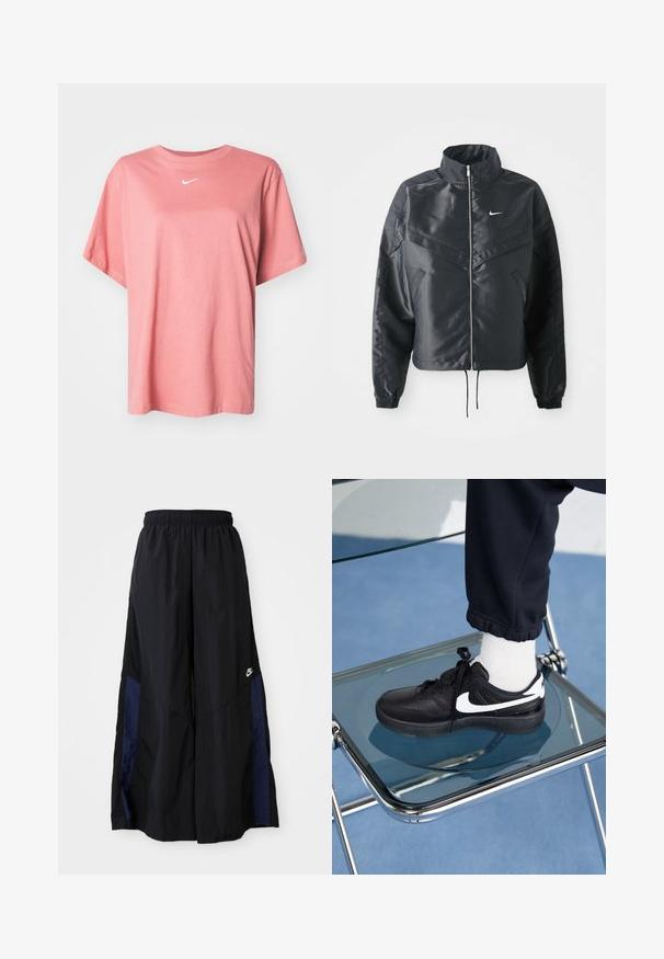 Černá zkrácená bunda s vysokým límcem, zipovým zapínáním, elastickými manžetami a bílým logem Nike. Hladká, lesklá látka s mírně strukturovaným povrchem.; Nike Sportswear TEE - Jednoduché tričko - canyon pink; Černé kalhoty širokého střihu vyrobené z lehkého materiálu, s námořnickou modrou bočním panelem a elastickým pasem. Malé bílé logo na spodní části.; Černé tenisky Nike s bílými akcenty, s hladkou koženou texturou, šněrovacím designem a zaoblenou špičkou, umístěné na skleněné židli.