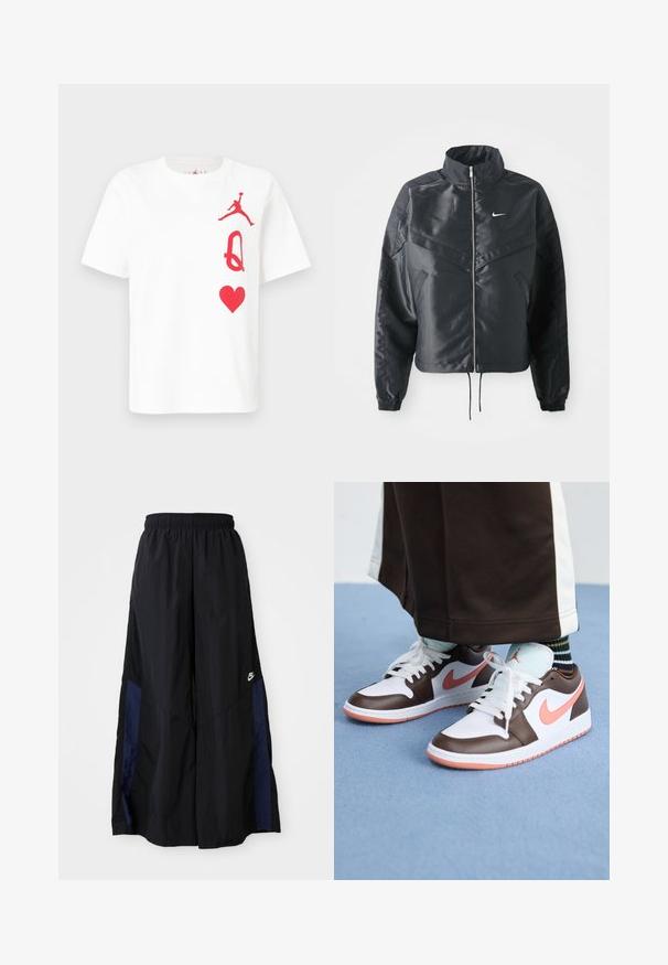 Black cropped jacket with high collar, zip closure, elastane cuffs, and a white Nike logo. Smooth, shiny fabric with a slightly textured surface.; White cotton t-shirt featuring a red Jordan logo, red "Q," and a red heart graphic on the front. Short sleeves and crew neckline.; Black wide-leg pants made of lightweight fabric, featuring a navy blue side panel and an elastic waistband. Small white logo on bottom.; White and brown Nike Air Jordan sneakers with pink accents, featuring a low-top design, white laces, and a textured rubber sole.