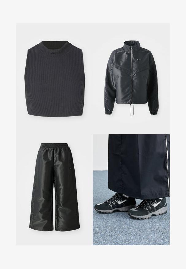 Jachetă croppată neagră cu guler înalt, închidere cu fermoar, manșete din elastan și un logo alb Nike. Material neted, lucios, cu o suprafață ușor texturată.; Top scurt cu nervuri de culoare navy închis, având un guler înalt și un logo Nike subtil. Materialul are un aspect texturat și elastic.; Pantaloni sportivi negri dintr-un material lucios si neted, dotati cu o talie elastica, picioare late si un logo mic pe partea stanga.; Pantofi sport negri cu un superior texturat, accente argintii și o talpă cu model, asortați cu o haină lungă neagră. Așezat pe un covor albastru.