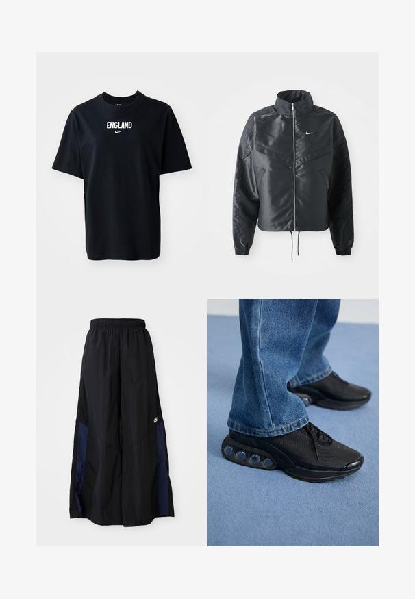 Juoda trumpa striukė su aukštu coloru, užtrauktuku, elastaniniu rankogaliu ir balta Nike logotipu. Lygus, blizgus audinys su šiek tiek tekstūruotu paviršiumi.; Juodas medvilninis marškinėliai su trumpomis rankovėmis, ant krūtinės esantis žodis "ENGLAND" ir Nike logotipas balta spalva. Klasikinis apvalus iškirpimas.; Juodos plačios kojų kelnės, pagamintos iš lengvos medžiagos, su tamsiai mėlyna šonine juostele ir elastinga juosmens juosta. Maža balta logotipo etikete apačioje.; Juodi sportiniai bateliai su tinkliniu viršumi, tekstūruotais akcentais ir matomais oro pagalvėmis pado viduje. Dėvimi su mėlynais džinsais.