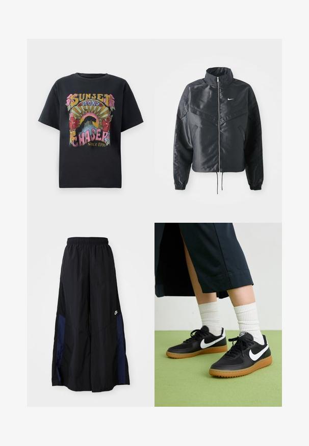 Črna skrajšana jakna z visokim ovratnikom, zadrgo, elastan rokavi in belim logotipom Nike. Gladek, sijoč material z rahlo teksturirano površino.; Črna bombažna majica s pisanimi grafičnimi motivi cvetja, sončnih žarkov in besedilom "SUNSET ROXY CHASER Since 1990", ki je jasno izpostavljeno.; Črne široke hlače iz lahkega materiala, z morsko modrim stranskim panelom in elastičnim pasom. Majhna bela oznaka na dnu.; Črne usnjene in sintetične superge z belim Nike swooshom, gumo na podplatu, okroglo konico ter črnimi vezalkami. Vidne so rebraste bele nogavice.