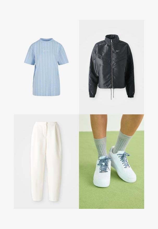 Čierna skrátená bunda s vysokým golierom, zipsovým uzatváraním, elastickými manžetami a bielym logom Nike. Hladká, lesklá tkanina s mierne textúrovaným povrchom.; Svetlomodré tričko s horizontálnymi bielymi pruhmi, krátkymi rukávmi, vysokým golierom a jemne vyšívaným logom na prednej strane.; Biele nohavice s vysokým pásom a zužujúcim sa strihom, s skrytým predným zapínaním a bočnými vreckami, vystavené na jednofarebnom bielom pozadí.; Biele kožené tenisky s modrými akcentmi, perforovaným dizajnom na špičke a textúrovanými modro-bielymi šnúrkami, nosené so sivými rebrovanými ponožkami.