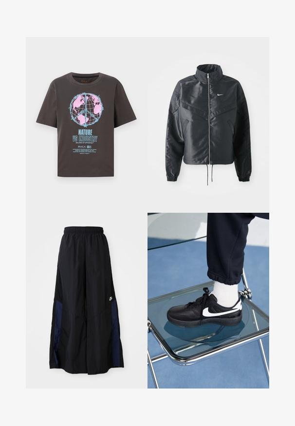 Černá zkrácená bunda s vysokým límcem, zipovým zapínáním, elastickými manžetami a bílým logem Nike. Hladká, lesklá látka s mírně strukturovaným povrchem.; Tmavě šedé tričko s krátkým rukávem, zdobené barevným globem v růžové a modré barvě, a textem "PŘÍRODA VS PRŮMYSL" tučným písmem.; Černé kalhoty širokého střihu vyrobené z lehkého materiálu, s námořnickou modrou bočním panelem a elastickým pasem. Malé bílé logo na spodní části.; Černé tenisky Nike s bílými akcenty, s hladkou koženou texturou, šněrovacím designem a zaoblenou špičkou, umístěné na skleněné židli.