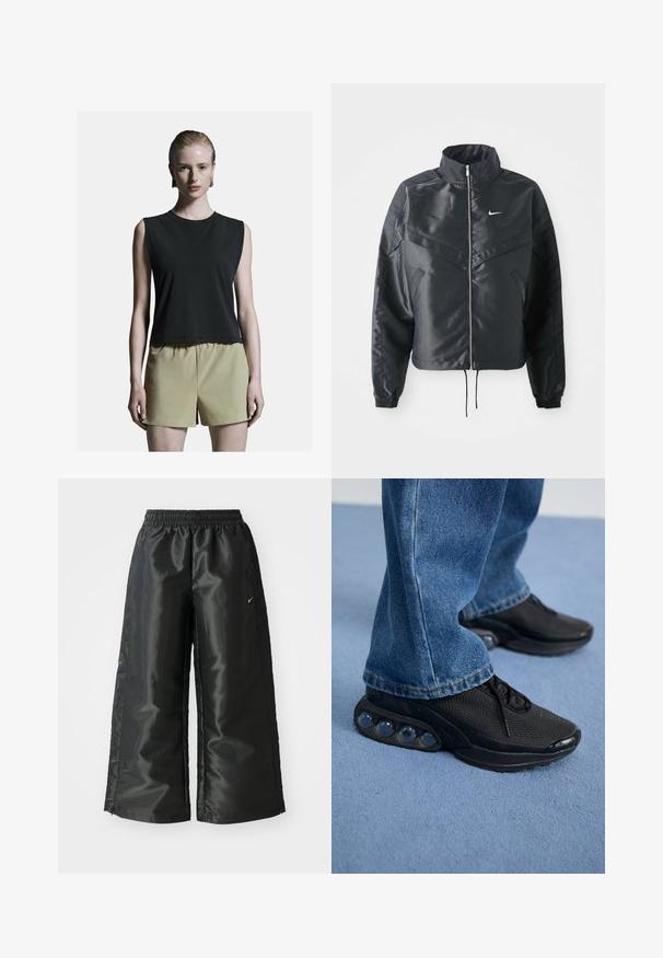 Black cropped jacket with high collar, zip closure, elastane cuffs, and a white Nike logo. Smooth, shiny fabric with a slightly textured surface.; Black sleeveless top with a rounded neckline, paired with light khaki high-waisted shorts. Smooth fabric with a relaxed fit.; Black athletic pants with a shiny, smooth fabric, featuring an elastic waistband, wide legs, and a small logo on the left side.; Black athletic sneakers with mesh upper, textured accents, and visible air cushioning pods in the sole. Worn with blue denim jeans.