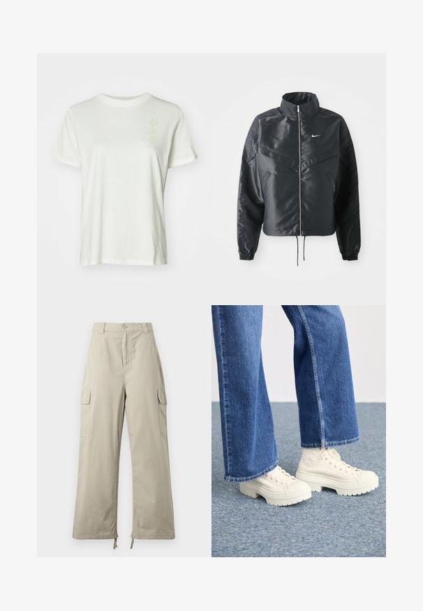 Svart cropped jakke med høy krage, glidelåsåpning, elastiske mansjetter og en hvit Nike-logo. Glatt, shiny stoff med en lett teksturert overflate.; Hvit bomulls t-skjorte med rund hals, korte ermer og et subtilt pastellblomstermønster på fronten. Myk tekstur, avslappet passform.; Lysebeige cargo-bukser med avslappet passform, featuring knappelukking, sidelommer og justerbar hem med snorer. Slitesterk tekstur.; Hvite høyhælte joggesko med tykke, rillede såler og sirkulær logo detalj, brukt med lyseblå, vide denim jeans.