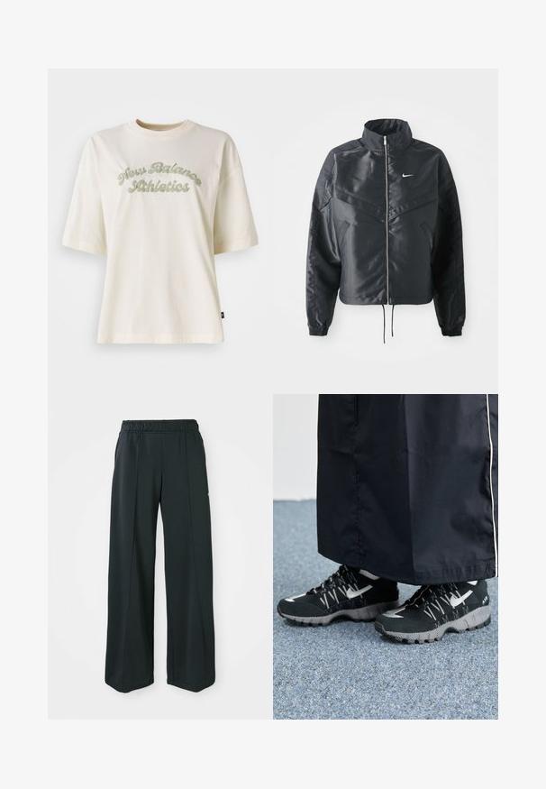 Must kolledžiga must lühike jope, millel on lukuga sulgus, elastne mansett ja valge Nike logo. Sile, läikiv kangas, millel on veidi tekstureeritud pind.; Kreemikas puuvillane lühikeste varrukatega T-särk, millel on kõver roheline tekstigraafika, mis ütleb "New Balance Athletics."; Mustad, laiad spordipüksid elastse vööniidega. Valmistatud siledast, venivast kangast, millel on kerge esiseam ja ei ole taskuid.; Mustad mustrehilised mustad spordijalatsid, millel on tekstuurne pealmine osa, hõbedased aktsendid ja mustriga tallaosad, koos musta pika riietusega. Seatud sinise vaiba taustale.