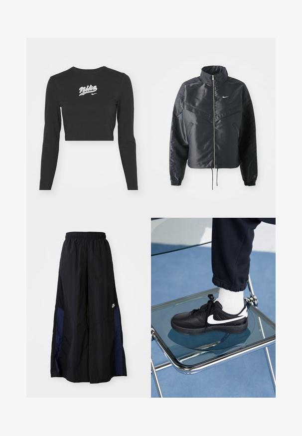 Jachetă croppată neagră cu guler înalt, închidere cu fermoar, manșete din elastan și un logo alb Nike. Material neted, lucios, cu o suprafață ușor texturată.; Top scurt cu maneci lungi, de culoare neagră, fabricat din bumbac, având brodat în alb logo-ul "Nike" și swoosh pe piept, guler rotund și un design ajustat.; Pantaloni negri cu croi larg, confecționați dintr-un material ușor, având un panou lateral albastru marin și un brâu elastic. Logo mic alb în partea de jos.; Adidași negri Nike cu accente albe, cu o textură de piele netedă, design cu șireturi și vârf rotunjit, așezați pe un scaun din sticlă.
