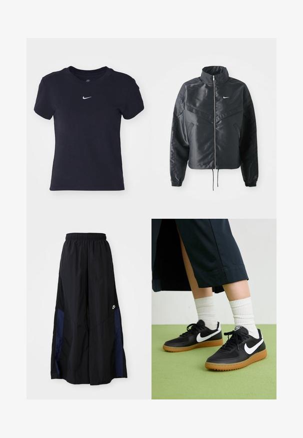 Črna skrajšana jakna z visokim ovratnikom, zadrgo, elastan rokavi in belim logotipom Nike. Gladek, sijoč material z rahlo teksturirano površino.; Črna bombažna majica s kratkimi rokavi in okroglim izrezom, s majhnim belim logotipom Nike na prsih. Mehka tekstura, sproščen fit.; Črne široke hlače iz lahkega materiala, z morsko modrim stranskim panelom in elastičnim pasom. Majhna bela oznaka na dnu.; Črne usnjene in sintetične superge z belim Nike swooshom, gumo na podplatu, okroglo konico ter črnimi vezalkami. Vidne so rebraste bele nogavice.