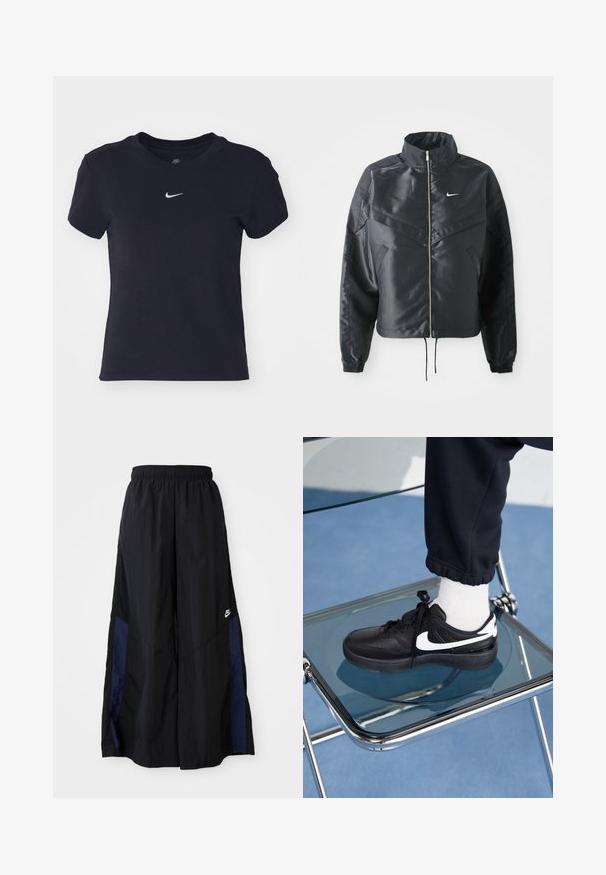 Jachetă croppată neagră cu guler înalt, închidere cu fermoar, manșete din elastan și un logo alb Nike. Material neted, lucios, cu o suprafață ușor texturată.; Tricou din bumbac negru, cu guler rotund, mâneci scurte și un mic logo alb Nike pe piept. Textură moale, croi casual.; Pantaloni negri cu croi larg, confecționați dintr-un material ușor, având un panou lateral albastru marin și un brâu elastic. Logo mic alb în partea de jos.; Adidași negri Nike cu accente albe, cu o textură de piele netedă, design cu șireturi și vârf rotunjit, așezați pe un scaun din sticlă.