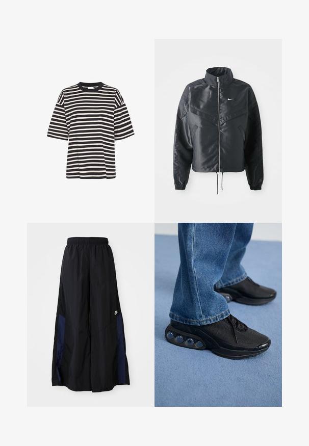 Svart kort jacka med hög krage, dragkedja, ärmslut i elastan och en vit Nike-logotyp. Slät, glänsande tyg med en något strukturerad yta.; Randig t-shirt i marinblå och krämfärgad, med rund halsringning, korta ärmar, boxig form och mjuk bomullstextur.; Svarta vida byxor gjorda av lättviktig tyg, med en marinblå sid panel och ett elastiskt midjeband. Litet vitt logotyp nertill.; Svarta atletiska sneakers med nätöverdel, strukturerade detaljer och synliga luftkuddar i sulan. Bärs med blå denimjeans.