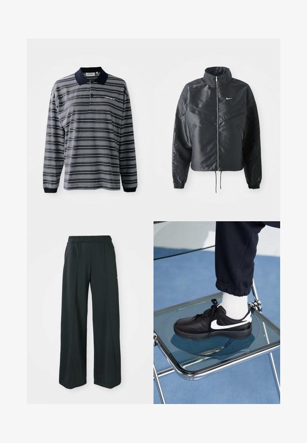 Chaqueta negra corta con cuello alto, cierre de cremallera, puños de elastano y un logo de Nike en blanco. Tejido suave y brillante con una superficie ligeramente texturizada.; Camisa polo de manga larga a rayas en navy y blanco, de tejido de algodón, con cuello, tapeta de tres botones y un pequeño logo bordado en el pecho.; Pantalones deportivos negros de pierna ancha con cintura elástica. Hechos de una tela suave y elástica, presentan costuras frontales sutiles y sin bolsillos.; Zapatillas Nike negras con acentos blancos, con una textura de cuero suave, diseño de cordones y punta redondeada, colocadas sobre una silla de cristal.