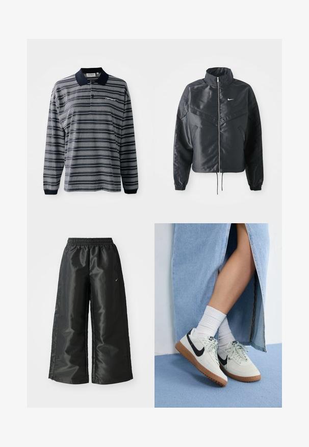 Melna apgriezta jaka ar augstu apkakli, rāvējslēdzēja aizdari, elastīna aprocēm un baltu Nike logo. Gluda, spīdīga auduma ar nedaudz teksturētu virsmu.; Ilga piedurkne polo krekls tumši zils un balts svītrains, kokvilnas audums, ar apkakli, trīs pogu slēgtu un mazu izšūtu logo uz krūtīm.; Melnas sporta bikses ar spīdīgu, gludu audumu, aprīkotas ar elastīgu jostu, platām kājām un mazu logotipu kreisajā pusē.; Nike apavi ar gaiši pelēku zamšādu, melnu swoosh logo un gumijas zoli. Uzvilkti ar baltām ribotām zeķēm un zilu džinsu svārku.