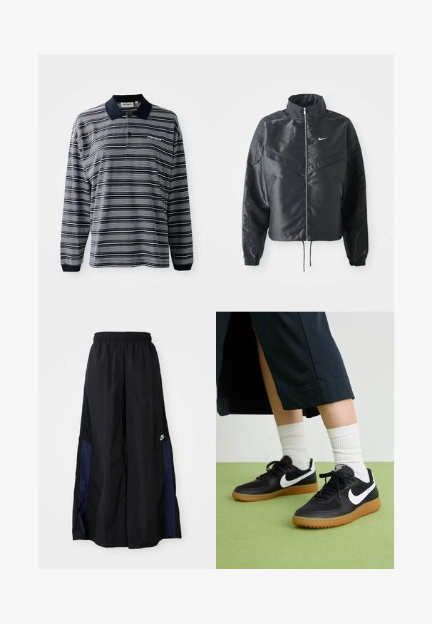 Chaqueta negra corta con cuello alto, cierre de cremallera, puños de elastano y un logo de Nike en blanco. Tejido suave y brillante con una superficie ligeramente texturizada.; Camisa polo de manga larga a rayas en navy y blanco, de tejido de algodón, con cuello, tapeta de tres botones y un pequeño logo bordado en el pecho.; Pantalones de pierna ancha negros, confeccionados en una tela ligera, con un panel lateral azul marino y una cinturilla elástica. Logotipo blanco pequeño en la parte inferior.; Zapatillas de cuero negro y sintético con el swoosh blanco de Nike, suela de goma, punta redonda y cordones negros. Calcetines blancos acanalados visibles.