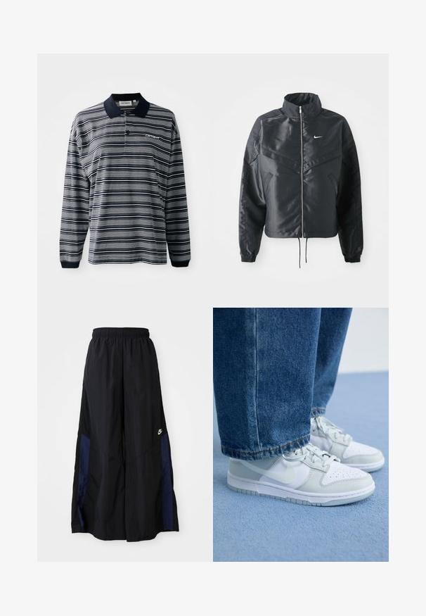 Black cropped jacket with high collar, zip closure, elastane cuffs, and a white Nike logo. Smooth, shiny fabric with a slightly textured surface.; Long-sleeve polo shirt in navy and white stripes, cotton fabric, with a collar, three-button placket, and a small embroidered logo on the chest.; Black wide-leg pants made of lightweight fabric, featuring a navy blue side panel and an elastic waistband. Small white logo on bottom.; Nike sneakers in white and light gray leather with perforated toe, flat laces, and a rubber sole, paired with blue denim jeans.