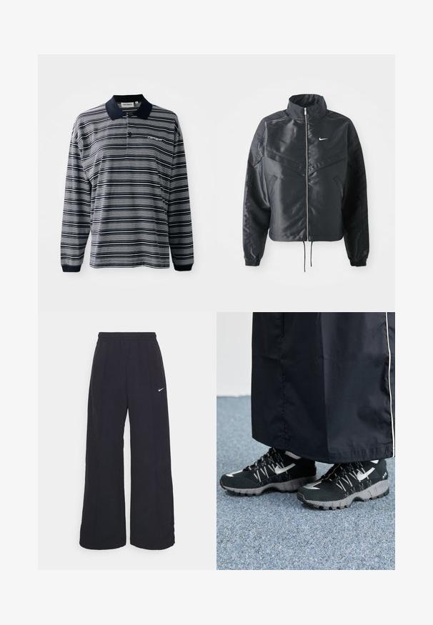 Jachetă croppată neagră cu guler înalt, închidere cu fermoar, manșete din elastan și un logo alb Nike. Material neted, lucios, cu o suprafață ușor texturată.; Polo cu mânecă lungă, în dungi alb și albastru marin, din material de bumbac, cu guler, placket cu trei butoane și un mic logo brodat pe piept.; Pantaloni negri, cu pantaloni largi, cu un brâu elastic și un mic logo alb Nike. Materialul are o textură netedă, conceput pentru confort și purtare casual.; Pantofi sport negri cu un superior texturat, accente argintii și o talpă cu model, asortați cu o haină lungă neagră. Așezat pe un covor albastru.