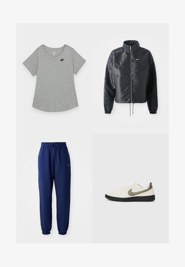 Black cropped jacket with high collar, zip closure, elastane cuffs, and a white Nike logo. Smooth, shiny fabric with a slightly textured surface.; Nike Sportswear CLUB TEE - Basic T-shirt - grey; Navy blue sweatpants made of soft fabric, featuring an elastic waistband with drawstring, elastic cuffs, and a small white logo.; Nike Sportswear FIELD GENERAL - Trainers - off-white/black