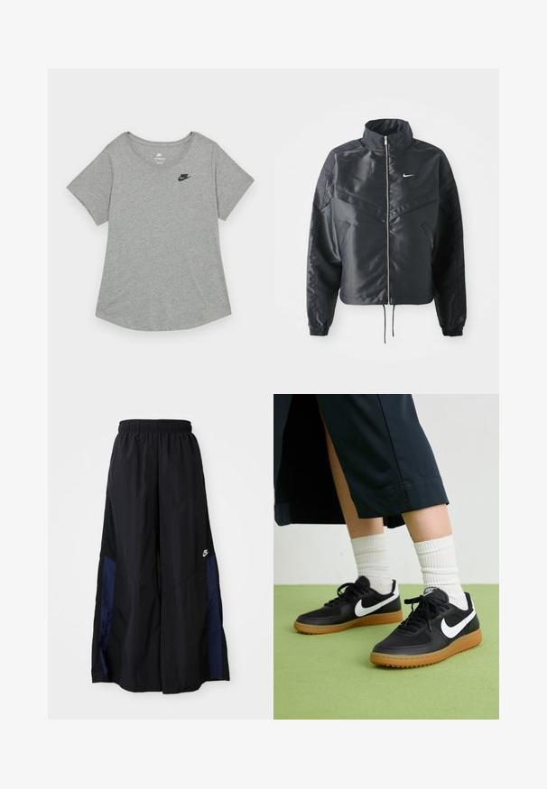 Juoda trumpa striukė su aukštu coloru, užtrauktuku, elastaniniu rankogaliu ir balta Nike logotipu. Lygus, blizgus audinys su šiek tiek tekstūruotu paviršiumi.; Nike Sportswear CLUB TEE - Paprasti marškinėliai - grey; Juodos plačios kojų kelnės, pagamintos iš lengvos medžiagos, su tamsiai mėlyna šonine juostele ir elastinga juosmens juosta. Maža balta logotipo etikete apačioje.; Juodos odinės ir sintetinių medžiagų sportbačiai su balta Nike swoosh, guminis padas, apvalus pirštas ir juodi raišteliai. Matomos banguotos baltos kojinės.