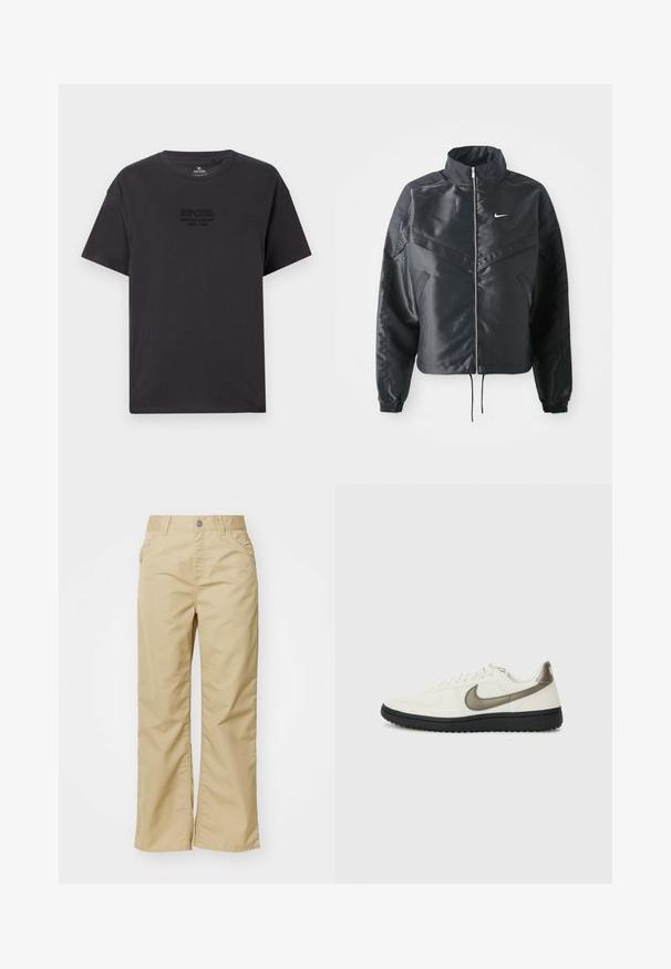 Jachetă croppată neagră cu guler înalt, închidere cu fermoar, manșete din elastan și un logo alb Nike. Material neted, lucios, cu o suprafață ușor texturată.; Tricou negru din bumbac, cu guler rotund, mâneci scurte și un logo subtil, embosat "Ripcurl Surfing Company" pe piept.; Pantaloni largi din bumbac bej cu o textură netedă, dotati cu buzunare frontale și un nasture argintiu la talie.; Nike Sportswear FIELD GENERAL - Sneakers low - off-white/black