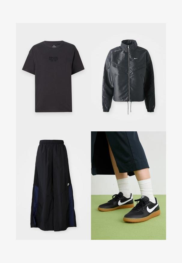 Casaco preto curto com colarinho alto, fecho de zip, punhos em elastano e um logótipo Nike branco. Tecido suave e brilhante com uma superfície ligeiramente texturizada.; T-shirt de algodão preto com decote redondo, mangas curtas e um discreto logotipo em relevo "Ripcurl Surfing Company" no peito.; Calças largas pretas feitas de tecido leve, com um painel lateral azul-marinho e cintura elástica. Pequeno logótipo branco na parte inferior.; Sapatilhas pretas em couro e sintético com o logo da Nike em branco, sola de borracha tipo goma, bico redondo e atacadores pretos. Meias brancas com frunces visíveis.