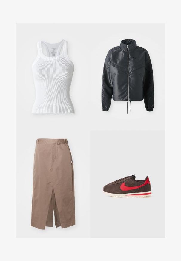 Black cropped jacket with high collar, zip closure, elastane cuffs, and a white Nike logo. Smooth, shiny fabric with a slightly textured surface.; White ribbed tank top with a fitted design, racerback straps, and a textured fabric. Rounded neckline and hem with slight scallop detail.; Brown cotton skirt with a straight design, featuring a front split, side pockets, and a standard waistband. Smooth texture and tailored seams.; Brown suede Nike sneaker with red swoosh and heel tab, white midsole with red stripe, and black laces, side view on white background.