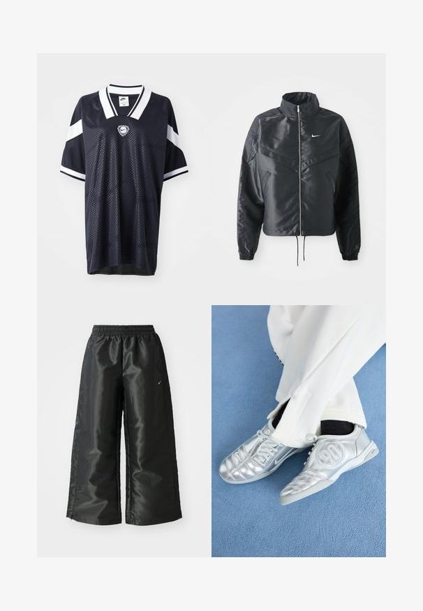Juoda trumpa striukė su aukštu coloru, užtrauktuku, elastaniniu rankogaliu ir balta Nike logotipu. Lygus, blizgus audinys su šiek tiek tekstūruotu paviršiumi.; Jūrininkų sportinė marškinėliai, pagaminti iš kvėpuojančio tinklinio audinio. Su baltais dryžiais ant rankovių ir apvaliu Nike logotipu ant krūtinės. Tekstūruota rašto dizainas.; Juodi sportiniai džinsai su blizgia, lygaus audinio medžiaga, turintys elastingą juosmenį, plačias kojų dalis ir mažą logotipą kairėje pusėje.; Sidabriniai sportiniai batai su lygiu, blizgiu paviršiumi, turintys siuvinėtą dizainą ir numerį 90 šone, derinami su baltais kelnėmis.
