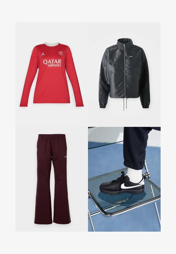 Zwarte cropped jack met hoge kraag, ritsluiting, elastische manchetten en een wit Nike-logo. Glad, glanzend materiaal met een licht gestructureerd oppervlak.; Rode lange mouwen shirt gemaakt van synthetische stof, met een witte kraag en zijstrepen, voorzien van geprinte logo's van Qatar Airways en Parijs.; Bordeaux athletische broek met een uitlopende ontwerp, elastische tailleband en zijzakken. Heeft witte bies en een klein logo aan de voorkant.; Zwarte Nike sneakers met witte accenten, met een gladde leren textuur, vetersluiting en ronde neus, geplaatst op een glazen stoel.