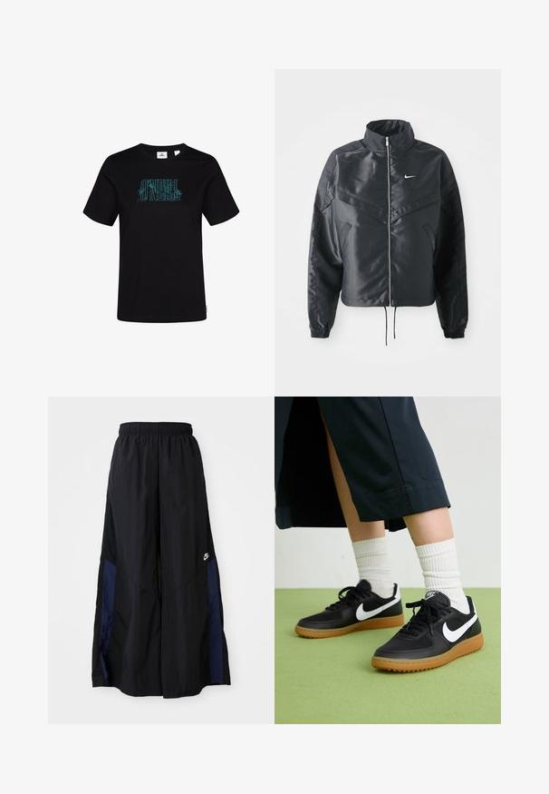 Čierna skrátená bunda s vysokým golierom, zipsovým uzatváraním, elastickými manžetami a bielym logom Nike. Hladká, lesklá tkanina s mierne textúrovaným povrchom.; Čierne bavlnené tričko s tyrkysovou grafickou potlačou "O'Neill" s kvetinovými akcentmi. Krátke rukávy a dizajn s okrúhlym výstrihom.; Čierne voľné nohavice vyrobené z ľahkého materiálu, s námorníckym modrým postranným panelom a elastickým pásom. Malé biele logo na spodnej časti.; Čierne kožené a syntetické tenisky so bielym logom Nike, gumenou podrážkou, okrúhlou špičkou a čiernymi šnúrkami. Viditeľné biele pruhované ponožky.