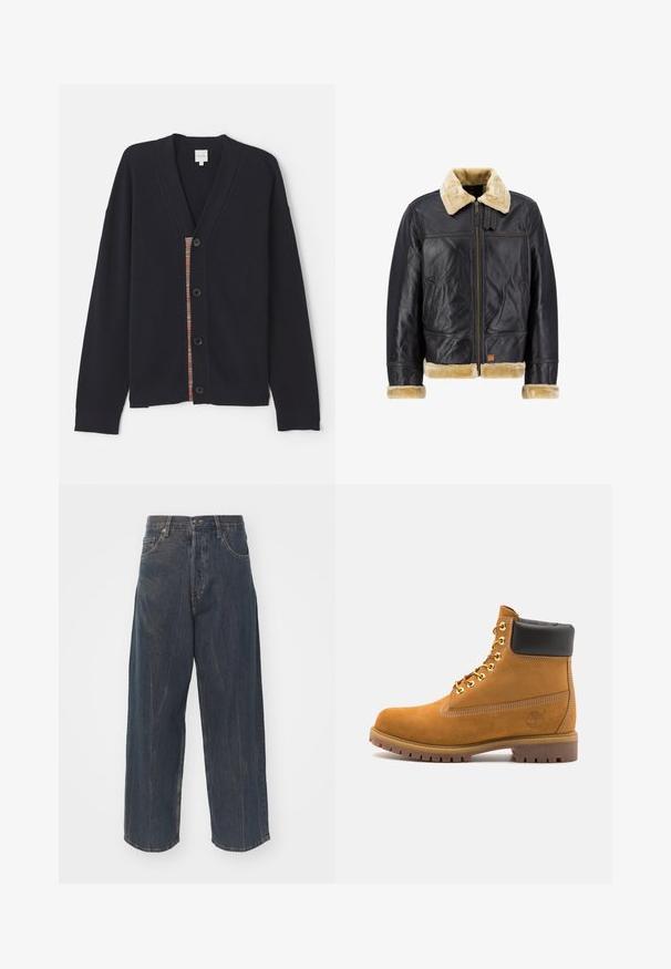 Crna kožna jakna s rubom i manžetama od krem lažne kože. Ima prednji patentni zatvarač i bočne džepove, prikazujući klasičan dizajn.; Mornarska rebrasta kardiganća s V-izrezom, pet dugmadi i šarenom prugom duž plavca. Mekana tekstura s dugim rukavima.; Henley majica s dugim rukavima u krem boji, izrađena od mekanog materijala, s rebrastim okruglim izrezom, dvostrukim gumbima i raglan rukavima.; Široke tamnoplave traperice s blagim istrošenim izgledom, pet džepova i klasičnim kopčanjem na gumbe i patentni zatvarač u struku.; Antracitne antilop čizme do gležnjeva s crnim podstavljenim ovratnikom, zlatnim metalnim rupicama, bijelim šavovima i robusnom gumenom potplatom s izraženim šarama.