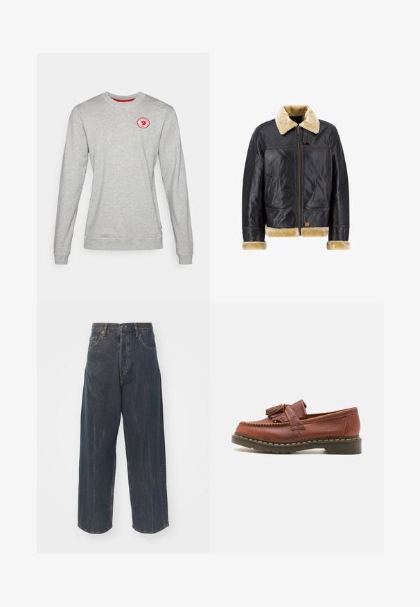 Crna kožna jakna s rubom i manžetama od krem lažne kože. Ima prednji patentni zatvarač i bočne džepove, prikazujući klasičan dizajn.; Sivi dukserica s rundim izrezom izrađena od mješavine pamuka, s crvenim kružnim logotipom na prsima i rebrastim manžetama na rukavima i donjem rubu.; Široke tamnoplave traperice s blagim istrošenim izgledom, pet džepova i klasičnim kopčanjem na gumbe i patentni zatvarač u struku.; Smeđe kožne mokasine s resama, teksturiranom površinom i kontrastnim žutim šavovima uz crnu gumenu podlogu. Bočni pogled.