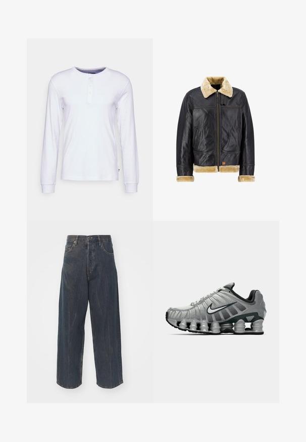 Zwarte leren jas met een crèmekleurige nepbont kraag en manchetten. Voorzien van een ritssluiting aan de voorkant en zijzakken, met een klassieke uitstraling.; Witte lange mouwen shirt van katoen, met een henley-halslijn met drie knopen, manchetmouwen en een rechte zoom.; Brede donkerblauwe denim jeans met subtiele verwering, vijf zakken en een klassieke knoop- en ritssluiting in de taille.; Grijze en zwarte Nike hardloopschoen met zichtbare veerachtige demping onder de zool en een wit swoosh-logo aan de zijkant.