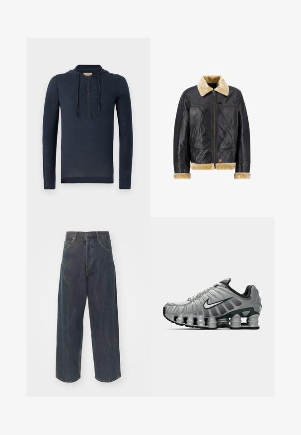 Črna usnjena jakna s krema umetnim krznom na ovratniku in manšetah. Ima sprednji zadrgo in stranske žepe, kar poudarja klasičen dizajn.; Temno modra dolga majica s kapuco s gumbasto zapenjanjem in vrvico, lahka in nekoliko prosojna tkanina.; Široke temno modre jeans hlače iz denima z diskretnimi poškodovanji, petimi žepi ter klasično zaponko in zadrgo v pasu.; Sive in črno Nike tekaška čevelj s vidno vzmetno blaženje pod podplatom in belim logotipom swoosh na strani.