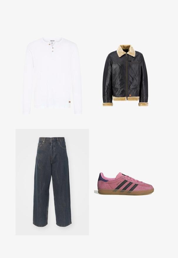 Black leather jacket with a cream faux fur collar and cuffs. Features a front zipper and side pockets, showcasing a classic design.; Long-sleeve white shirt made of cotton with a buttoned henley neckline and a small brown logo tag at the hem. Smooth texture.; Wide-leg dark blue denim jeans with subtle distressed texture, five pockets, and a classic button and zipper closure at the waist.; Pink suede sneaker with black stripes, gum sole, and textured purple heel. Features a lace-up design and embossed branding on the side.