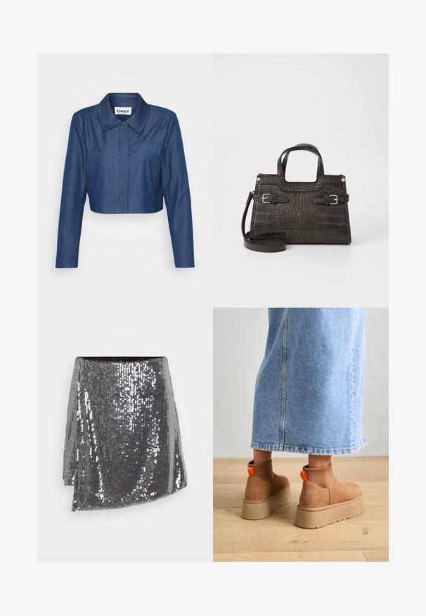 Krótka kurtka dżinsowa w ciemnoniebieskim kolorze, z wysmukłą kołnierzykiem, długimi rękawami, przednią kieszenią i kontrastowymi detalami w szwie.; Dwa długie body z długim rękawem w kolorze białym i czarnym. Wykonane z gładkiej tkaniny, z okrągłymi dekoltami i majtkami typu thong, co zapewnia smukłe dopasowanie.; Srebrna mini spódnica z cekinami o kroju kopertowym, z fakturowaną powierzchnią i lekko asymetrycznym dołem.; Brązowe zamszowe buty na platformie z elastycznymi bokami i pomarańczowymi uchwytami, w połączeniu z jasnoniebieską spódnicą do kolan na drewnianej podłodze.; Torebka w krokodyle wzory w ciemnym brązie z podwójnymi uchwytami, odczepianym paskiem na ramię i akcentami w srebrnym kolorze.; Srebrny kolczyk w kształcie koła z polerowanym wykończeniem, z małymi złotymi akcentami, noszony na płatku ucha.