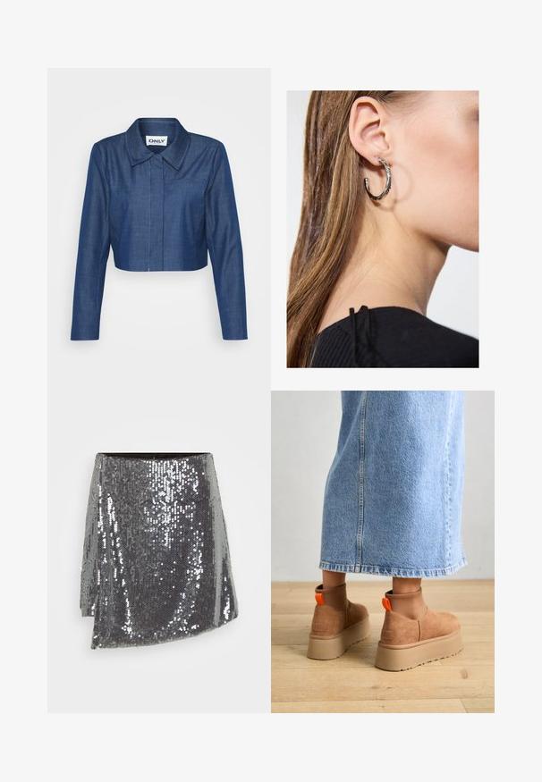 Jachetă din denim scurtă, de culoare albastru închis, cu guler ascuțit, mâneci lungi, buzunar frontal și detalii de cusătură contrastante.; Even&Odd Petite 2 PACK - Top - light grey/black; Fustă mini argintie cu aplicații din paiete, cu un design tip wrap, având o suprafață texturată și un tiv ușor asimetric.; Botine maro din suede cu platformă, cu panouri elastice pe laterale și mânere portocalii, asortate cu o fustă din denim deschis până la genunchi, pe un podea din lemn.; Cercel din argint cu un finisaj polișat, având detalii mici din aur și o formă rotundă, purtat pe lobul urechii.
