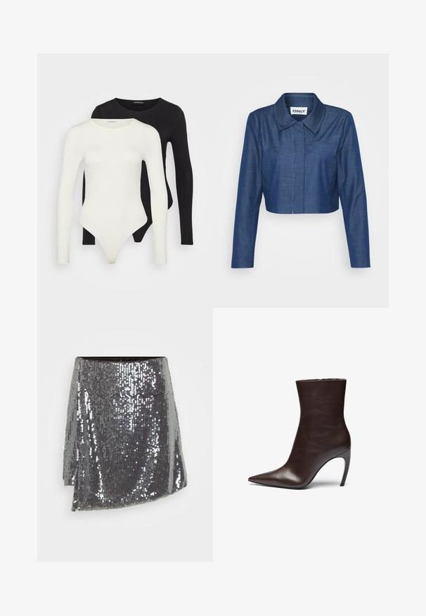 Skraćena traper jakna tamnoplave boje, s oštrim kragnom, dugim rukavima, prednjim džeparom i kontrastnim šavovima.; Dva bodija dugih rukava u bijeloj i crnoj boji. Napravljen od glatkog materijala, s okruglim dekolteom i gaćicama za izazovno nošenje.; Srebrna minica s perlicama i omotnim dizajnom, koja ima teksturiranu površinu i blago asimetričan rub.; Smešani kožni gležnjača smeđe boje s oštrim vrhom, vitkom siluetom i visokim štiklama. Ima glatku teksturu i minimalistički dizajn.