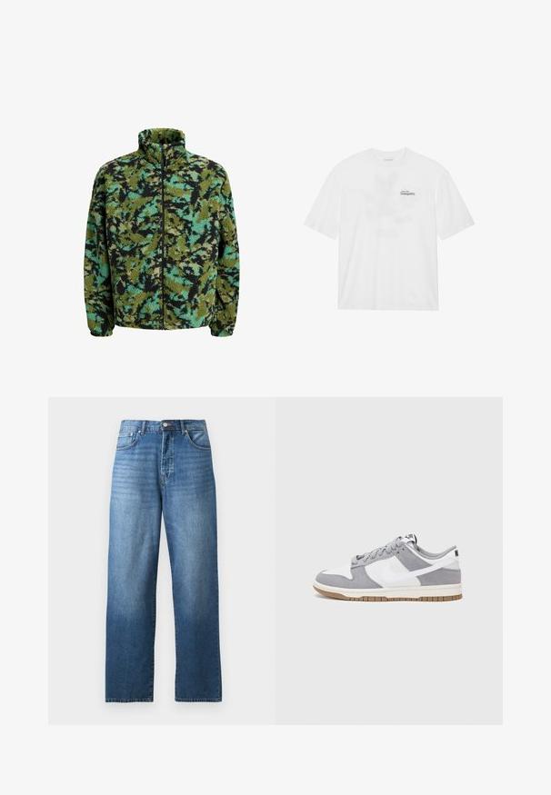 Fleecejakke med høy krage, med et flerfarget camouflasjemønster i grønn, svart og turkis. Glidelås foran.; Hvit bomull t-skjorte med korte ermer, med et trykk foran som sier "Svev inn i stillhet" i svart og grønt.; Rett-linse jeans i blå denim med fem lommer og knappe-glidelås lukking, vist på en hvit bakgrunn.; Nike joggesko har en overdel av grå semsket skinn og hvitt lær med perforeringer, runde lisser og en gummisåle for grep.