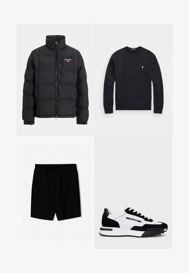 Giacca a piumino nera con collo alto, motivo trapuntato orizzontale, chiusura frontale con zip e tasca sul petto con il logo "Polo Sport".; Felpa nera realizzata in misto cotone, con collo rotondo, maniche lunghe, polsini e orlo a costine, dotata di un piccolo logo ricamato sul petto.; T-shirt bianca in cotone con collo tondo, maniche corte, logo ricamato nero "Polo Ralph Lauren" sul petto e piccolo logo nero sull'orlo.; Pantaloni corti neri realizzati in tessuto leggero, con vita elastica e cordoncino, pieghe frontali e lunghezza sopra il ginocchio.; Sneakers con una parte superiore in suede nero e pelle bianca, dotati di una suola in gomma nera, lacci bianchi e un logo "POLO SPORT" sul lato.