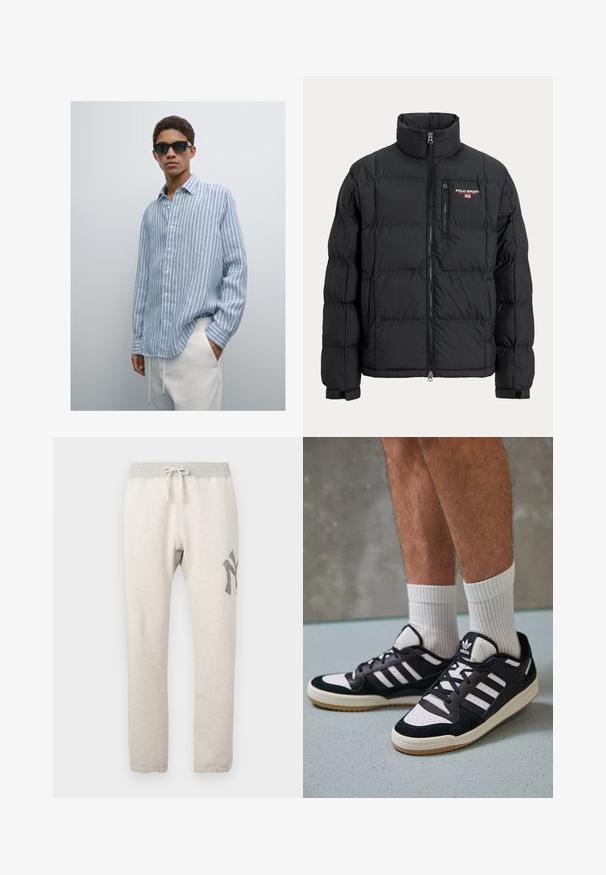 Sort dunjakke med høj krave, vandret quiltet mønster, lynlås foran og en brystlomme med "Polo Sport"-logoen.; Lysblå stribet skjorte i let stof, med knaplukning og krave, lange ærmer, båret med kridhvide bukser. Sorte solbriller.; Lys beige sweatpants med en grå elastisk talje, snor, sidelommer og et mørkegråt grafisk motiv på venstre lår.; Sorte og hvide sneakers med en overdel i ruskind og læder, der har tre hvide striber, en perforeret tå og en sål i gummigummi.