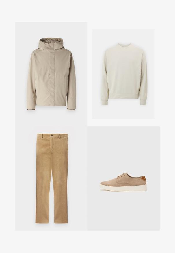 Bežinė izoliacija striukė su aukštu apykakle ir gaubtu, turinti minimalistinį dizainą ir tekstūruotą medžiagą. Be matomų užsegimų ar raštų.; Šviesiai smėlinis džemperis, pagamintas iš minkštos medžiagos, su apvaliu kaklu, ilgomis rankovėmis, ir rebrastu rankogaliu bei apatine dalimi. Minimalistinis dizainas, be matomų raštų.; Chaki spalvos kordūro kelnių tiesaus silueto, su subtiliais vertikaliais raibuliais, mygtukų užsegimu ir standartiniais diržo kilpelėmis.; Bežiniai zomšiniai sportbačiai su apvaliomis pirštų dalimis, raišteliais priekyje ir tekstūruotu užkulniu. Balta guma suteikia kontrastą. Paprastas ir modernus dizainas.