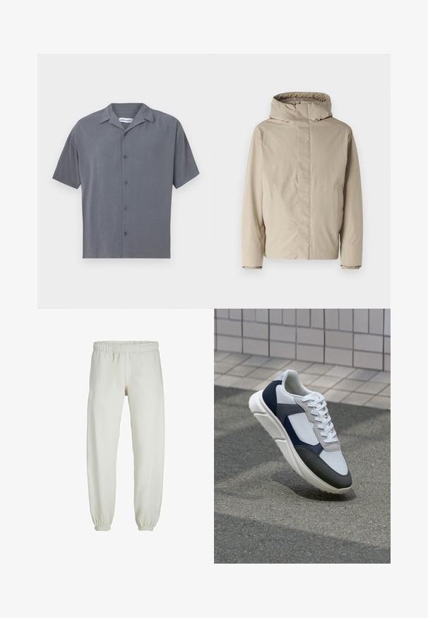 Beżowa kurtka ocieplana z wysokim kołnierzem i kapturem, o minimalistycznym wzornictwie i teksturowanej tkaninie. Brak widocznych zapięć lub wzorów.; Koszula z krótkim rękawem na guziki w ciemnoszarym kolorze, wykonana z gładkiego materiału. Posiada kołnierzyk typu spread i sześć guzików z przodu. Minimalistyczny design.; Białe dresy wykonane z miękkiego materiału, z elastycznym pasem i mankietami, o gładkiej fakturze i luźnym kroju.; Białe, granatowe i szare sneakersy o mieszanej konstrukcji, z teksturowanym wierzchem, płaskimi sznurowadłami i amortyzowaną podeszwą.
