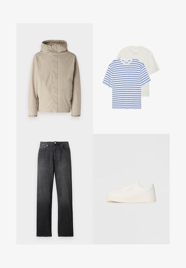Chaqueta aislante beige con cuello alto y capucha, que presenta un diseño minimalista y tejido texturizado. Sin cierres ni patrones visibles.; Dos camisetas de manga corta: una blanca con rayas azules y una de color crema claro sólido. Material de algodón suave, diseño de cuello redondo, ajuste relajado.; Vaqueros negros de talle alto y pierna recta con botón y cremallera en la parte delantera, dos bolsillos frontales y un ligero desgastado.; Zapatillas blancas tipo slip-on con una superficie texturizada, suela gruesa y diseño minimalista. Presenta el logo de la marca en un lado.