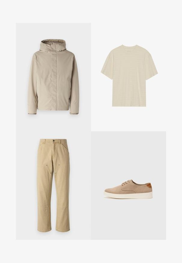 Beige isolert jakke med høy krage og hette, med et minimalistisk design og teksturert stoff. Ingen synlige lukninger eller mønstre.; Krèmfarget kortermet t-skjorte med en subtil stripete tekstur og rund halslinning, laget av lett materiale.; Kaki cargo bukser laget av bomull med avslappet passform, med to sidelommer med glidelås og synlige stikninger.; Beige semskinnsko med rund tå, snøring foran og en teksturert bakre aksent. Hvit gummisåle gir kontrast. Enkelt og moderne design.